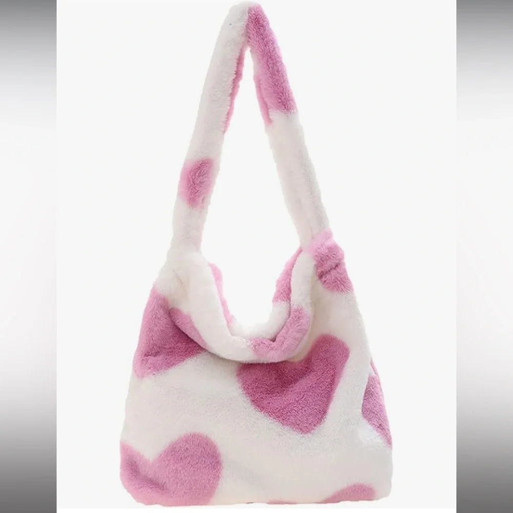 Pink and White Heart Fluffy Bag/Purse - Picture 1 of 2